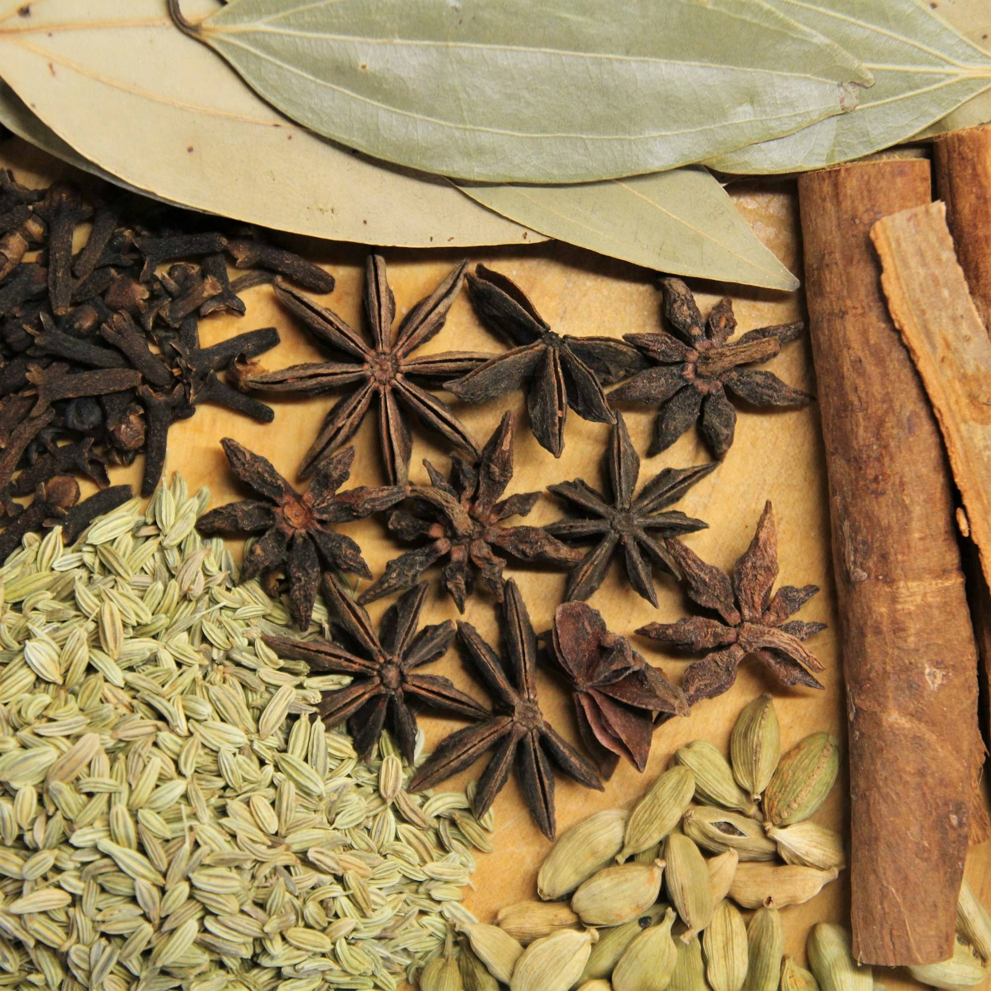 Star anise, green cardamom, cinnamon bark and bay leaves